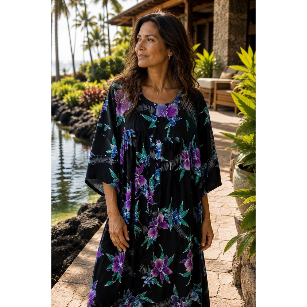 Vintage Paradise Hawaii Honolulu Orchid Floral Muumuu Maxi Dress Black XL 80/90s
